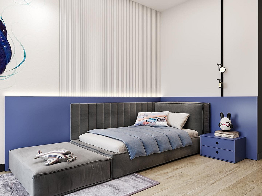 Miękkie łóżko i dywan Wnętrze sypialni z miękkim łóżkiem i puszystym dywanem, modne tendencje 2026.