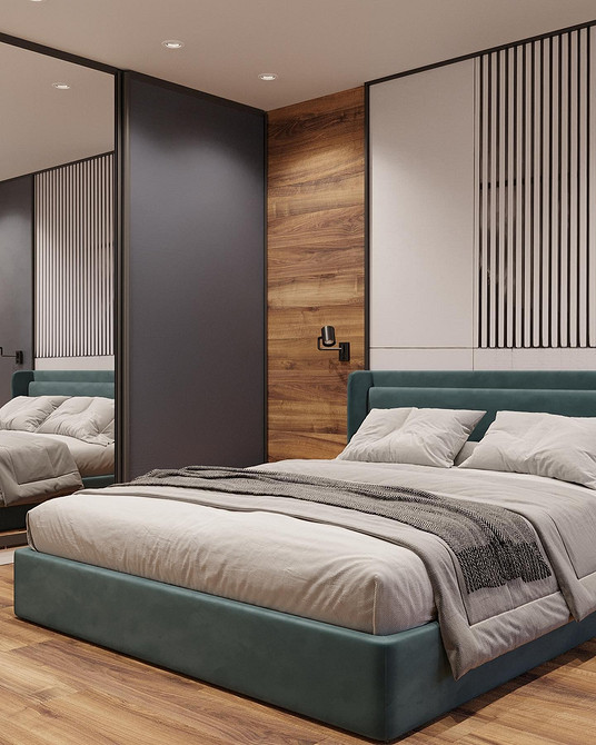 Lniany zagłówek Jasna sypialnia z łóżkiem z miękkim lnianym zagłówkiem dla naturalnego komfortu.