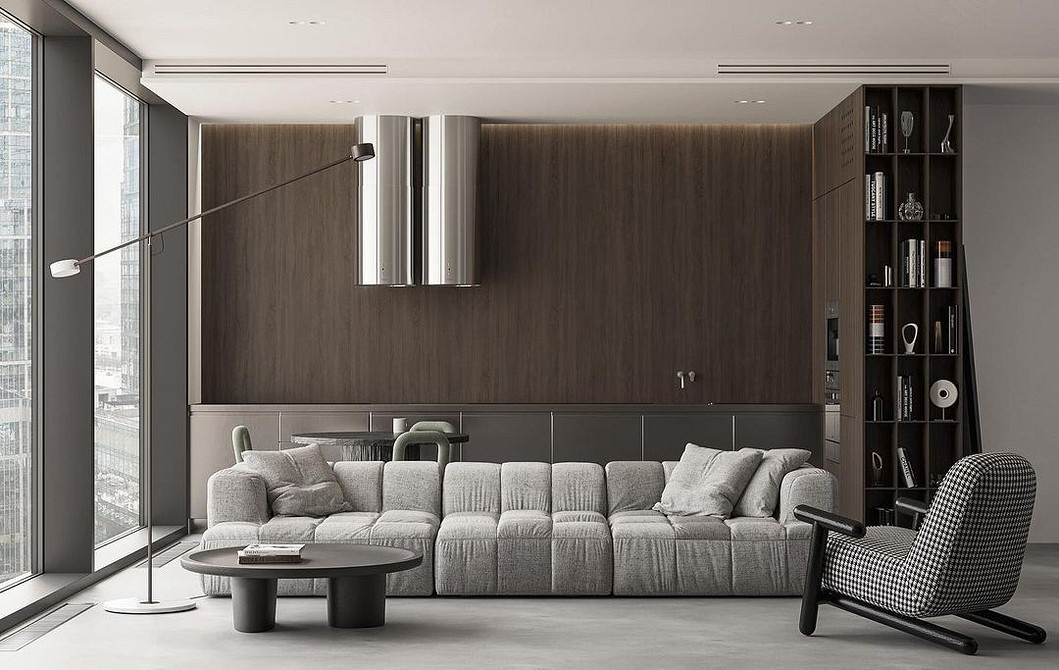 Szarość: Sofa modułowa Sofa modułowa z szarej tkaniny w nowoczesnym, industrialnym wnętrzu.