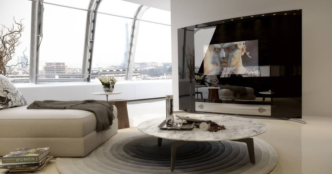 Zintegrowany telewizor w niszy z dekoracyjnym tynkiem i elementami wystroju – trendy w aranżacji 2026.