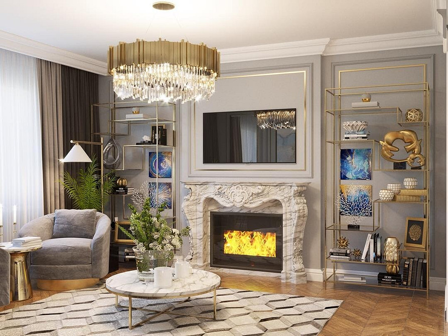 Wbudowany telewizor w niszy z otwartymi półkami do przechowywania w salonie – pomysł na 2026.