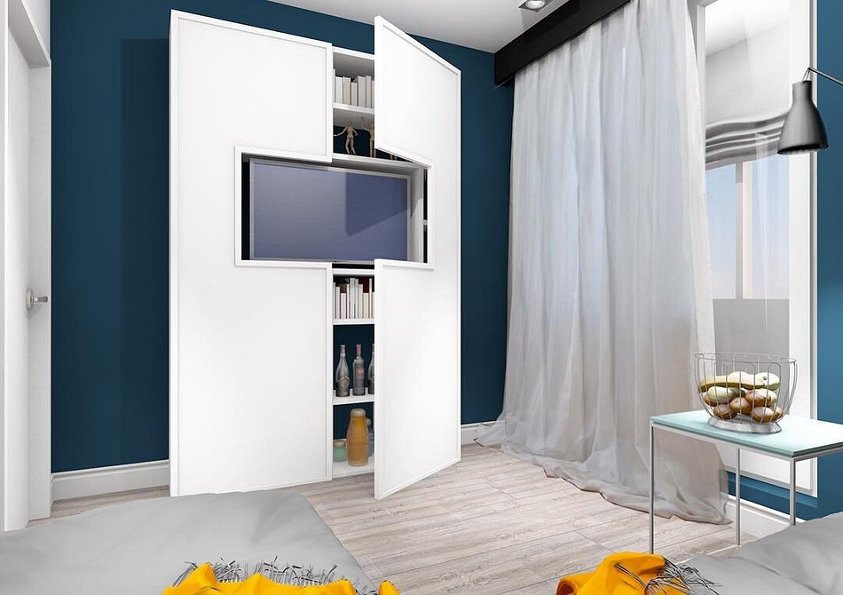 3D i oświetlenie Telewizor w szafie z panelami 3D i akcentującym oświetleniem w nowoczesnym salonie.