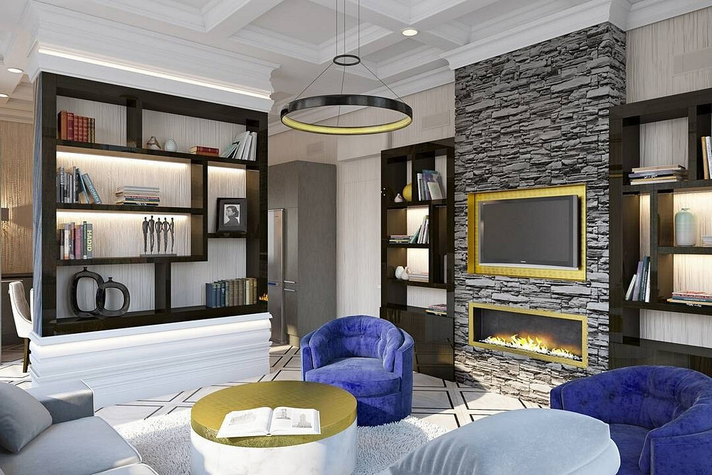 Wbudowany telewizor w niszy z dekoracyjnym kamieniem w przytulnym salonie – inspiracja 2026.