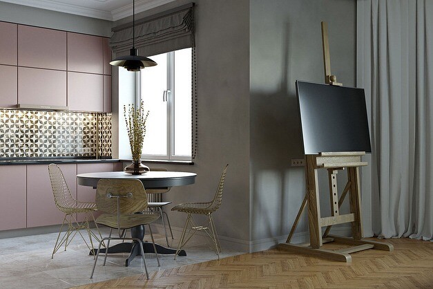 Minimalistyczny design Minimalistyczna kuchnia z telewizorem w ciemnych kolorach, podświetlona, design 2026.