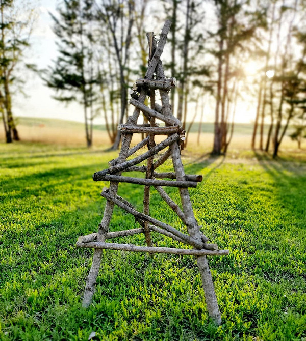 Gałęzie jako Opora Podpora dla klemantisów z gałęzi drzew, naturalnie wkomponowana w ogród.