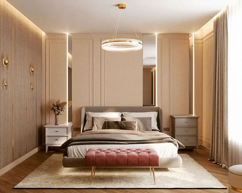 Futurystyczny Luksus Luksusowe latające łóżko z futurystycznym oświetleniem LED, sypialnia w stylu minimalistycznym.