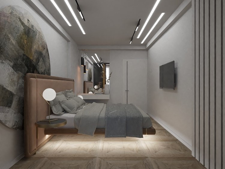 Przestrzeń i Design Latające łóżko w małym mieszkaniu, optymalizacja przestrzeni z designerskim oświetleniem LED.