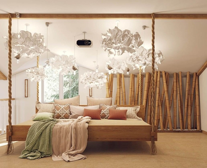 Lekkość w sypialni Nowoczesna sypialnia z podwieszanym łóżkiem tworzącym wrażenie lekkości i przestrzeni
