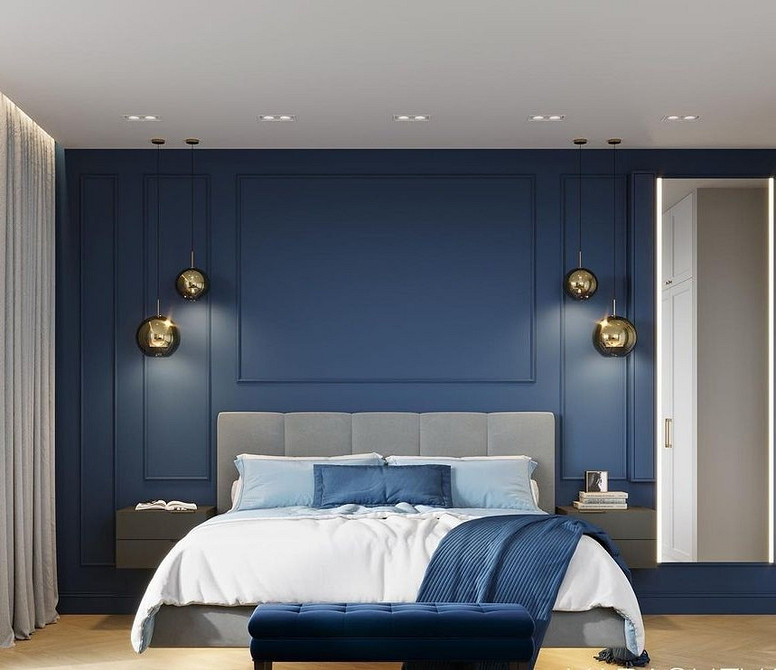 Przestrzeń i minimalizm Przestronna sypialnia z latającym łóżkiem, oświetleniem LED i elementami minimalistycznego wystroju wnętrz.