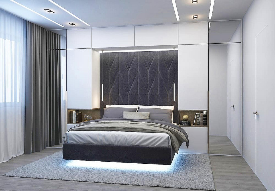 Oszczędność i Styl Latające łóżko z oświetleniem LED w nowoczesnej sypialni, oszczędność miejsca i styl.