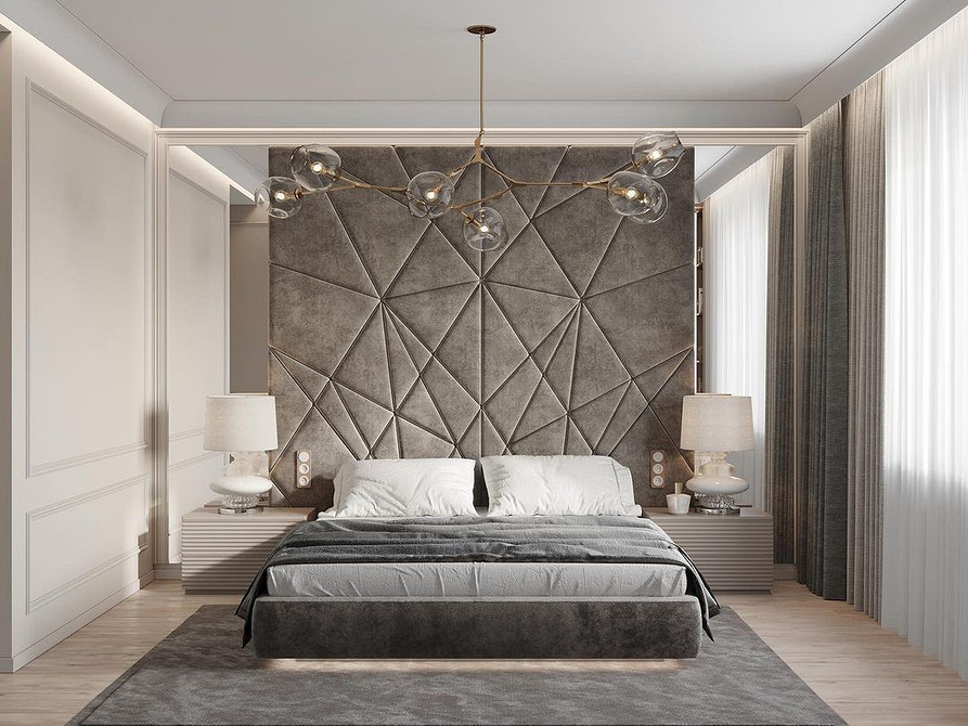 Latające łóżko i LED Nowoczesna sypialnia z latającym łóżkiem i subtelnym oświetleniem LED, minimalistyczny design.