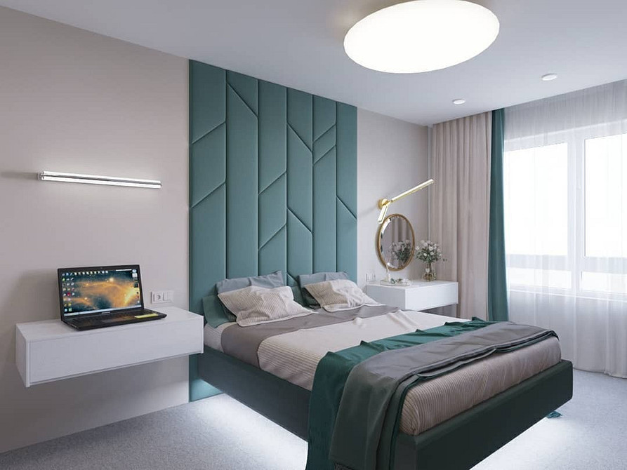 Nowoczesna Sypialnia Przestronna sypialnia z latającym łóżkiem i nastrojowym oświetleniem LED, nowoczesny design.
