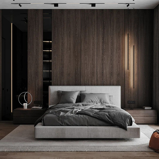 Designerskie łóżko w sypialni Eleganckie latające łóżko z subtelnym oświetleniem LED w nowoczesnej sypialni.