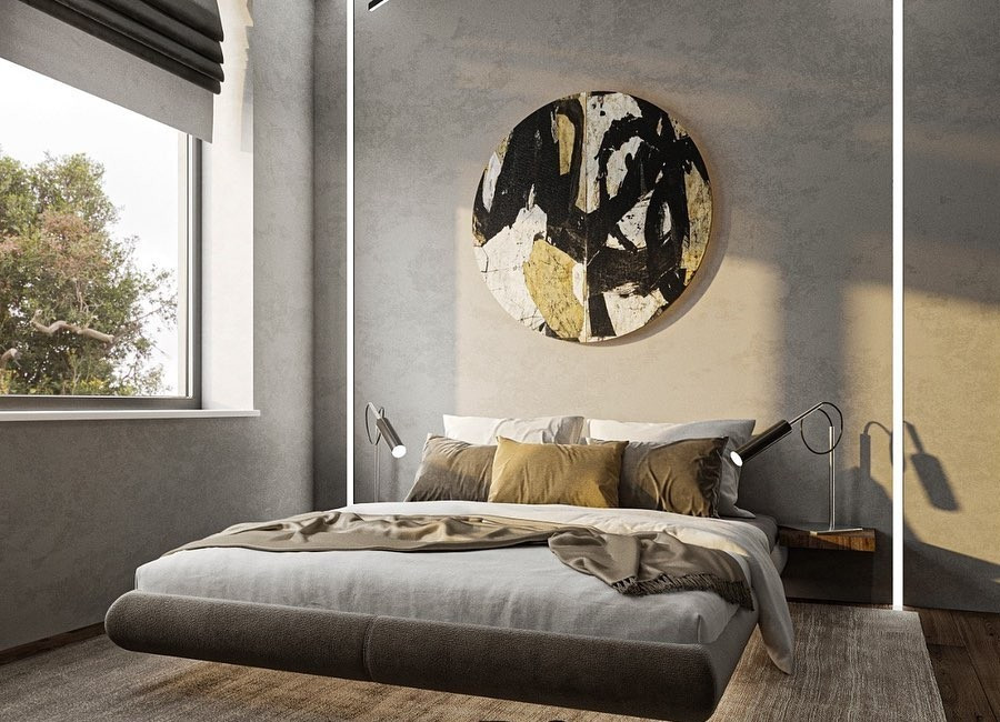 Elegancja i Ciemne Akcenty Elegancka sypialnia z lewitującym łóżkiem i ciemnymi akcentami – stylowy design w 2026