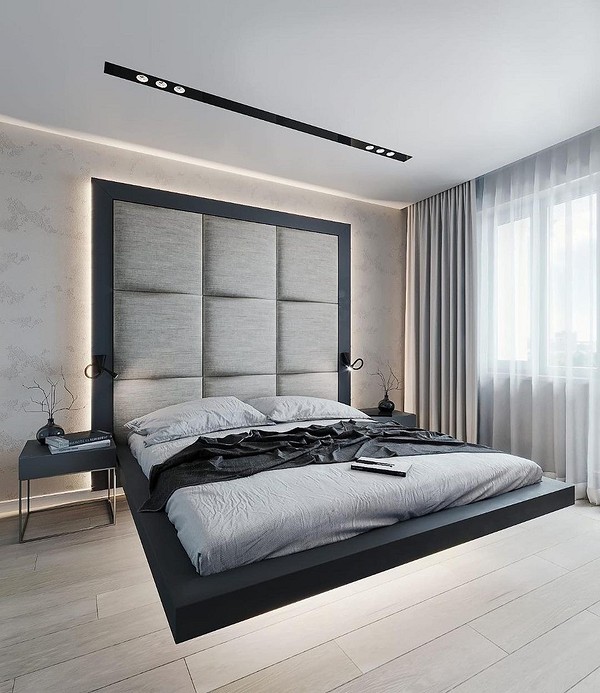 Nowoczesny design w sypialni Latające łóżko z podświetleniem LED w sypialni o nowoczesnym designie.