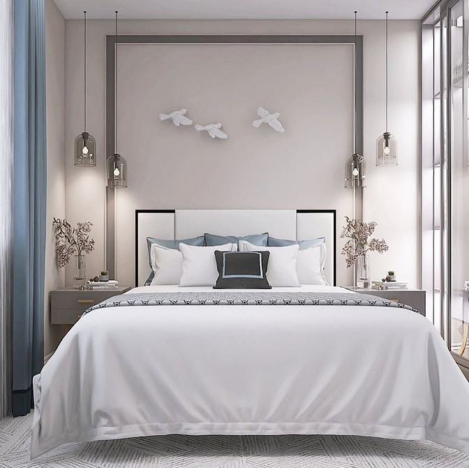 Elegancja w Sypialni Eleganckie latające łóżko z delikatnym oświetleniem LED, minimalistyczny design sypialni.