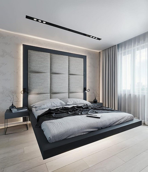Minimalizm i LED Minimalistyczna sypialnia z latającym łóżkiem i subtelnym oświetleniem LED, design 2026.