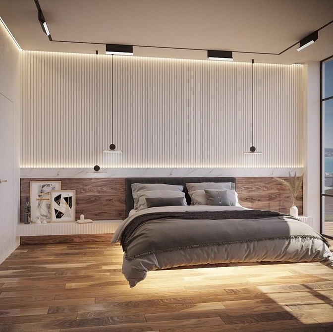 Przytulne LED Przytulna sypialnia z latającym łóżkiem i ciepłym oświetleniem LED, minimalistyczny design.