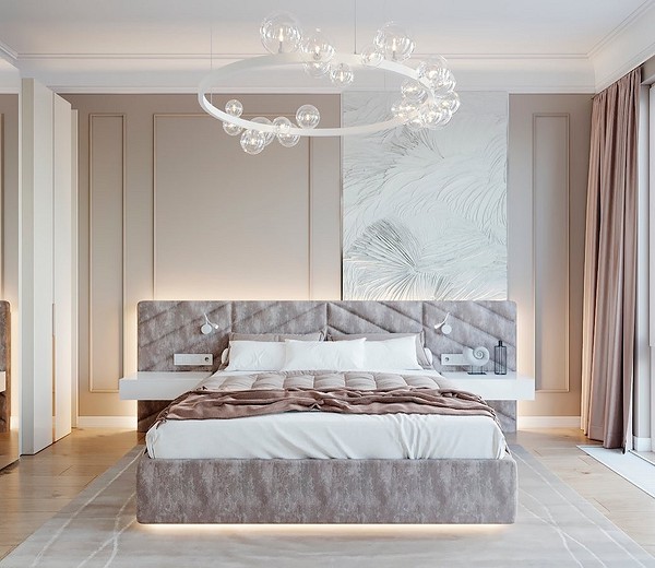 Minimalizm i innowacja Minimalistyczna sypialnia z innowacyjnym latającym łóżkiem i delikatnym oświetleniem LED 2026.