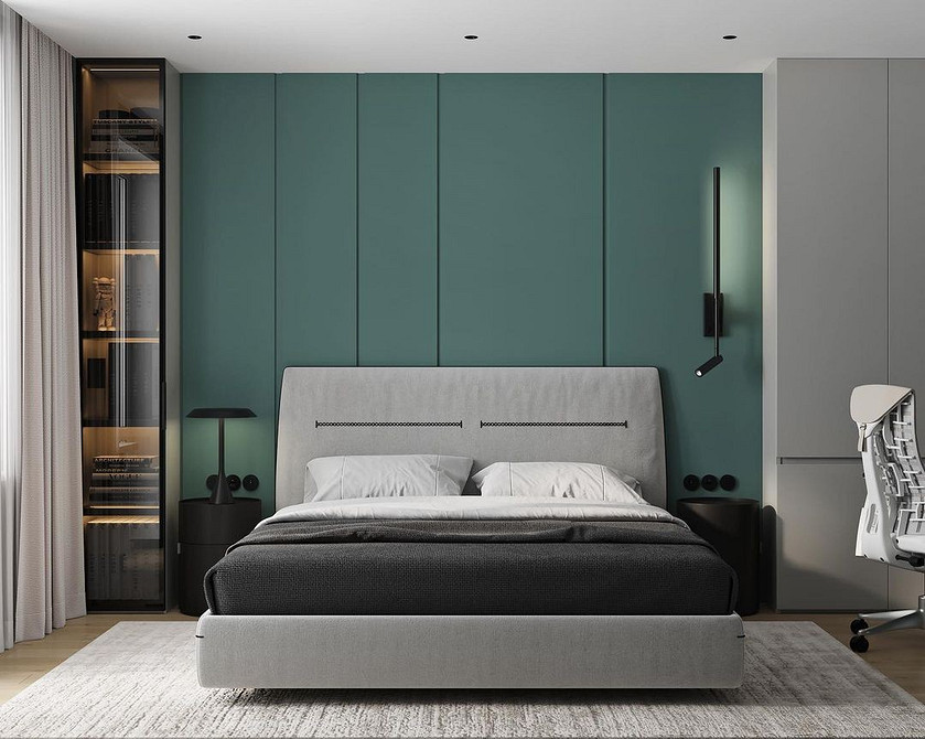 Przestrzeń i nowoczesność Przestronna sypialnia z latającym łóżkiem i dekoracyjnym oświetleniem LED.