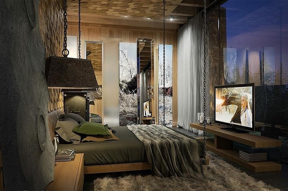 Przytulne podwieszenie Przytulna sypialnia z podwieszanym łóżkiem, ciepłe tony i miękkie oświetlenie