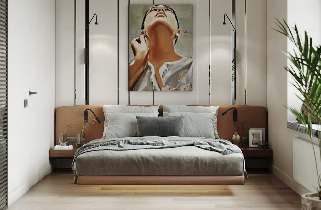 Loftowe łóżko Stylowa sypialnia z podwieszanym łóżkiem w stylu industrialnym, metalowe elementy