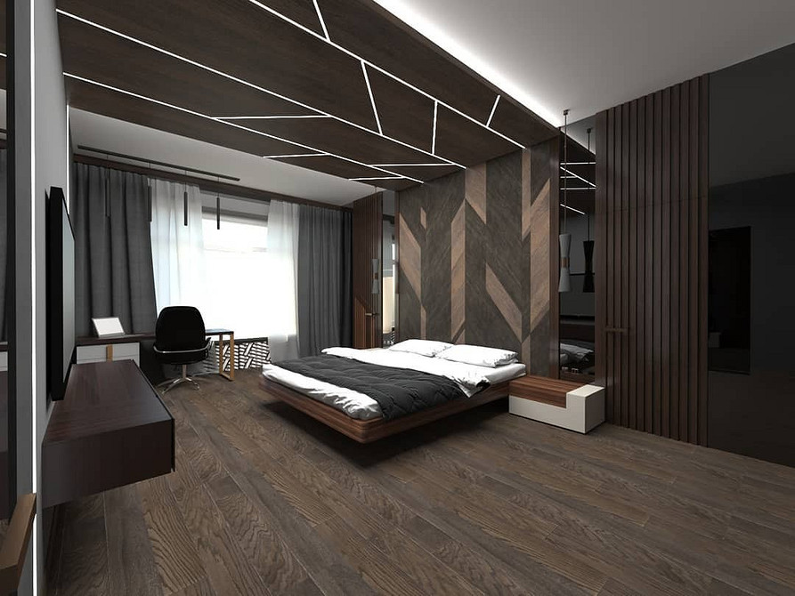 Minimalizm i funkcjonalność Nowoczesne latające łóżko z oświetleniem LED w sypialni z minimalistycznym designem.