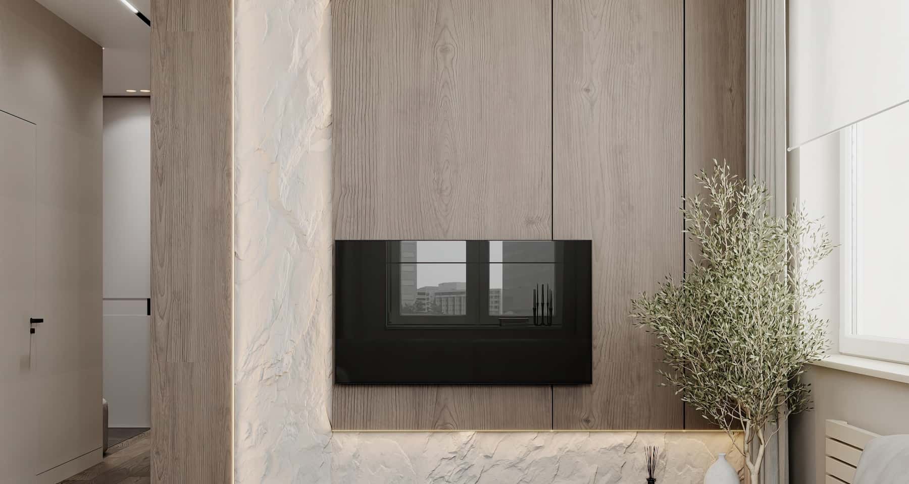 Kamień i ekologia Remont mieszkania 2026: Ściana wykończona kamieniem w ekologicznym stylu wnętrza.