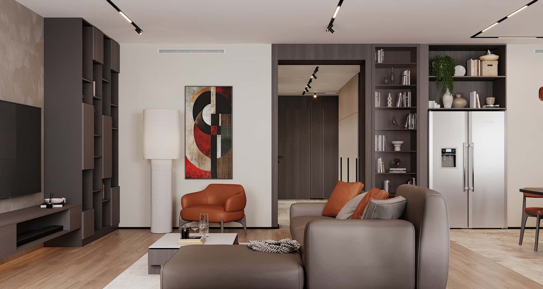 Salon z pazurem Remont mieszkania 2026: nowoczesna aranżacja salonu z akcentami metalowymi i welurem.