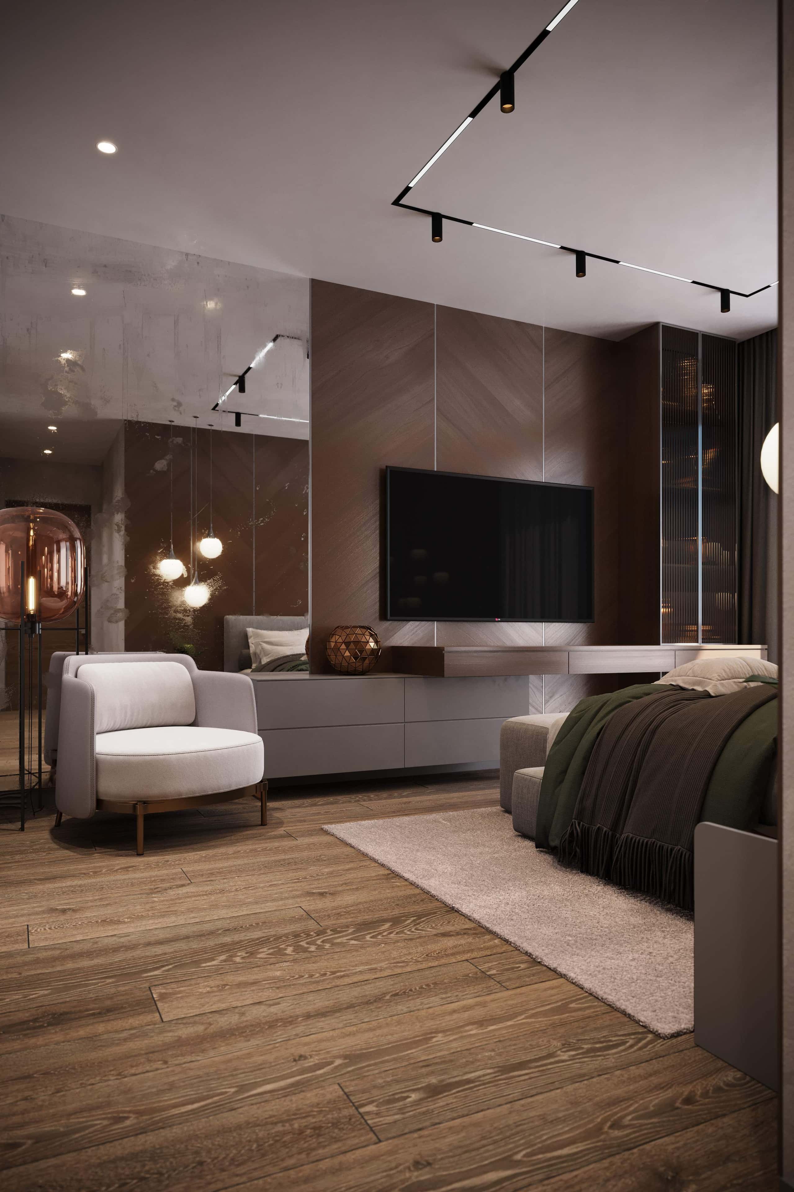 Loftowy beton Loftowe wnętrze: betonowe ściany i panele fornirowane w małym mieszkaniu.