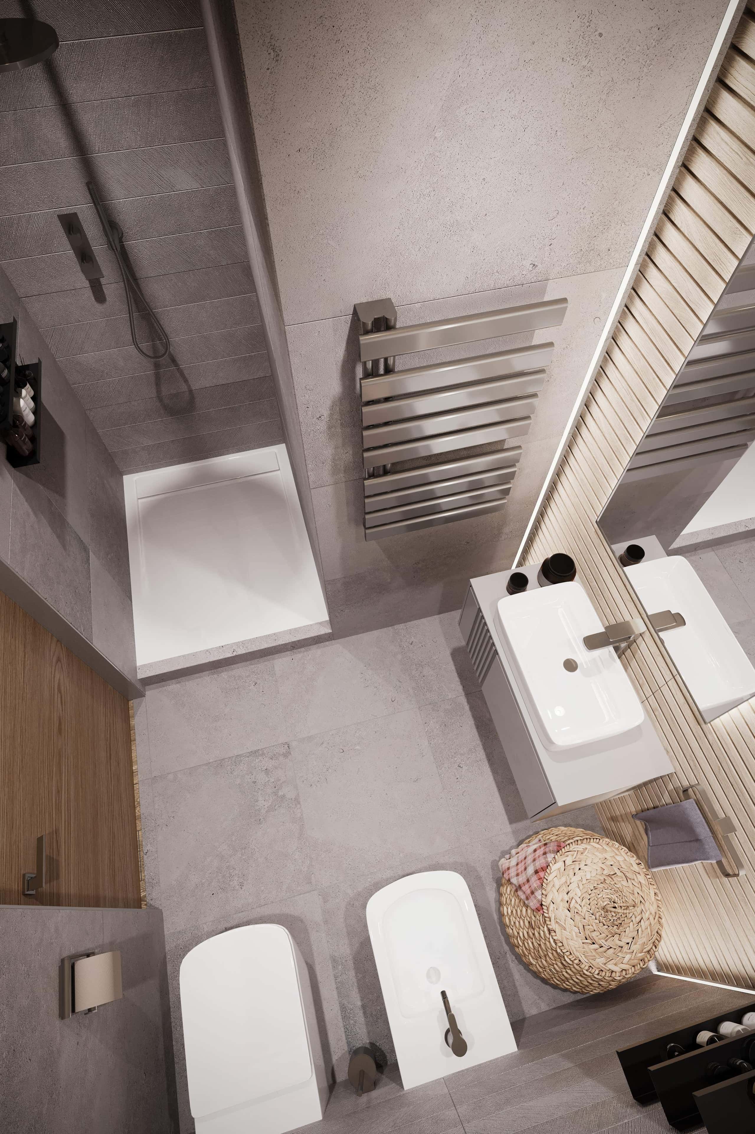 Okno na beton Projekt małego mieszkania z betonowymi ścianami, dużymi oknami i szaro-brązową paletą.