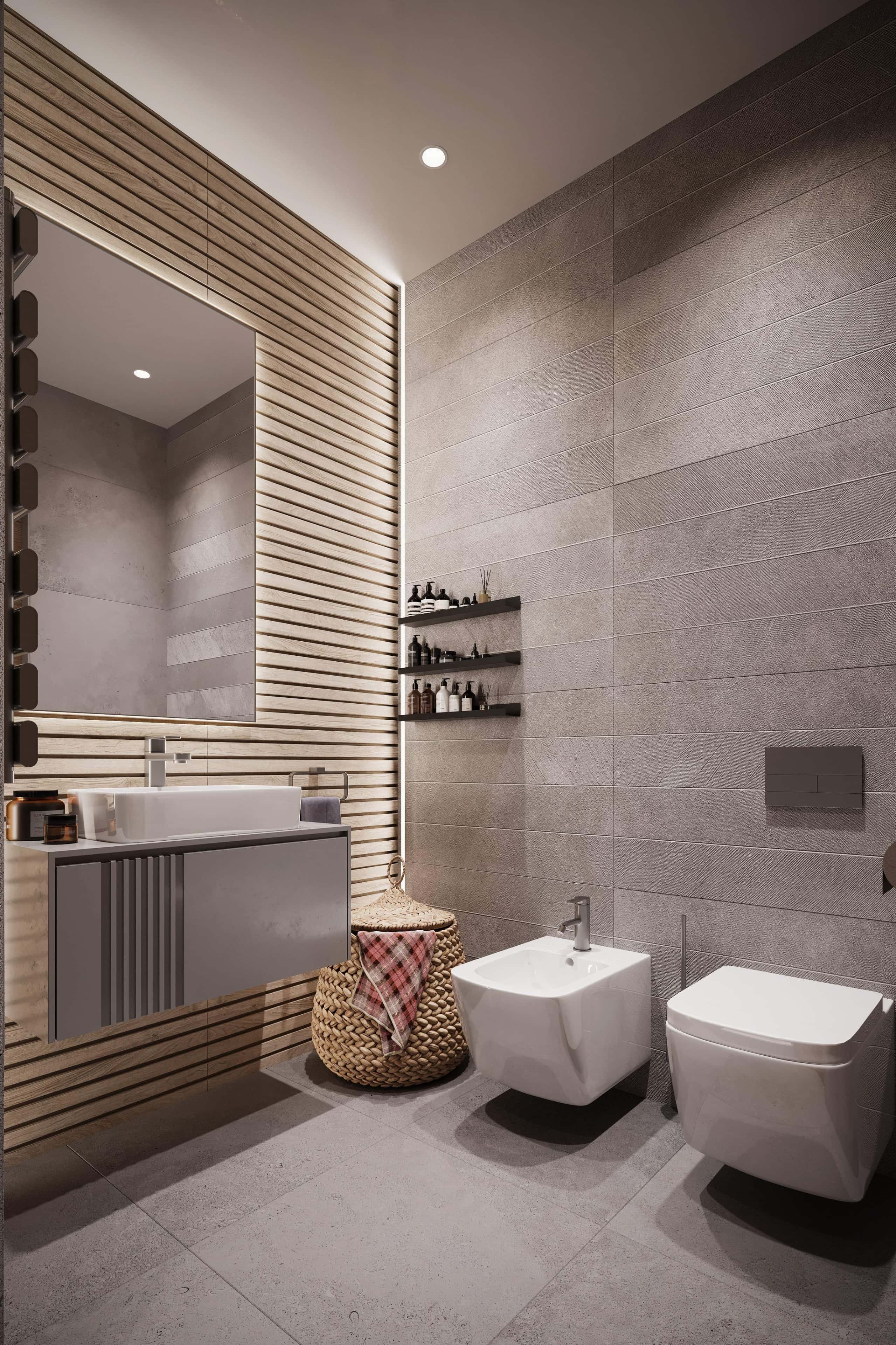 Drewno i beton Szaro-brązowe wnętrze: połączenie betonu i naturalnego drewna w nowoczesnej aranżacji.