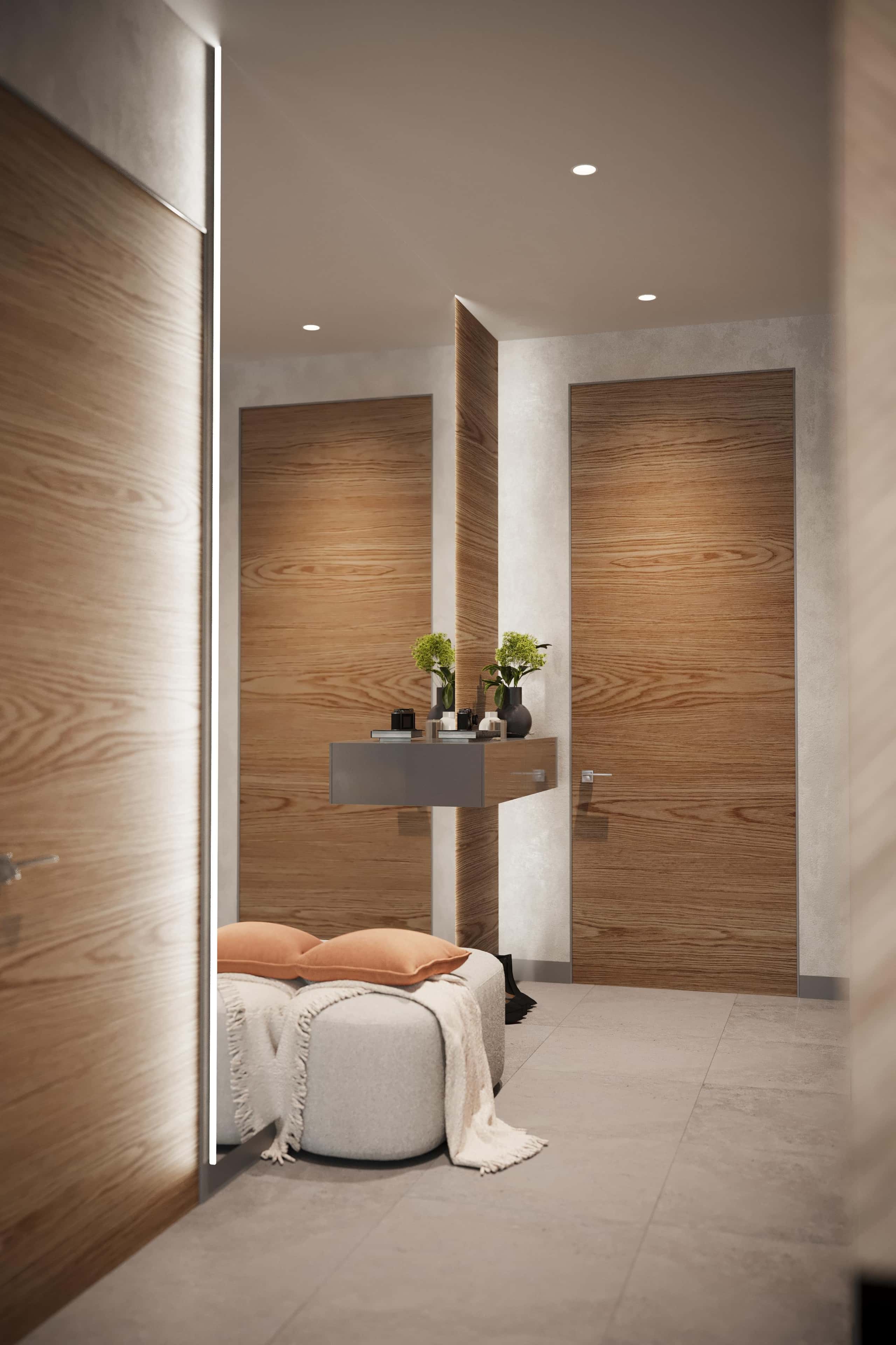 Oczekiwanie na projekt Mieszkanie w betonie czeka na projekt. Wizualizacja przedpokoju i innych pomieszczeń 2026.