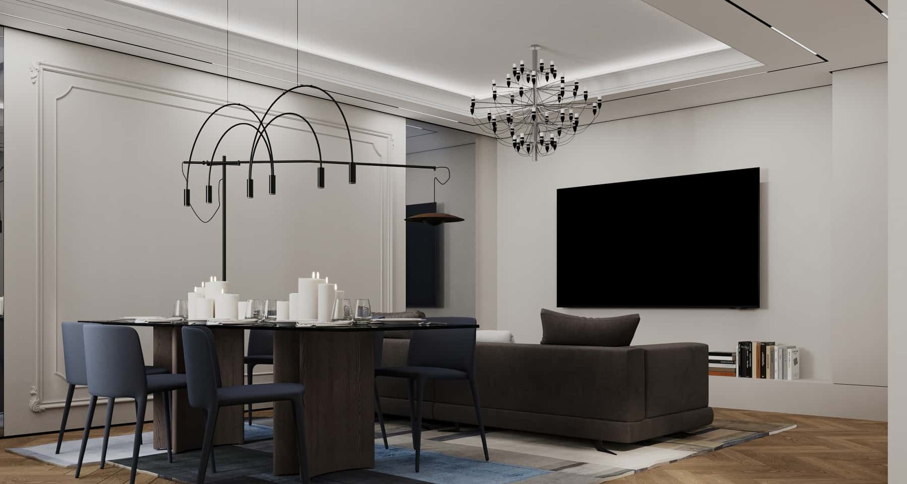 Kuchnia z Salonem Wizualizacja kuchni z salonem w trzypokojowym mieszkaniu z barem.