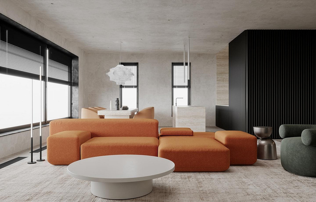 Minimalistyczna sofa 2026 Nowoczesna dwukolorowa sofa w minimalistycznym salonie. Trendy 2026 dla małych mieszkań.