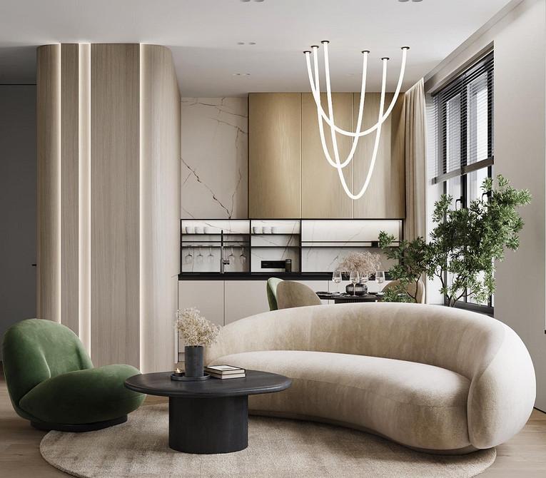 Obłe kształty 2026 Zaokrąglona sofa w jasnym salonie 2026. Delikatne linie i komfort użytkowania.