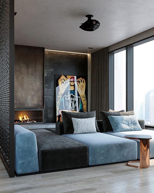 Dwukolorowa sofa design Nowoczesna sofa dwukolorowa z poduszkami dekoracyjnymi. Modny design dla domu 2026.