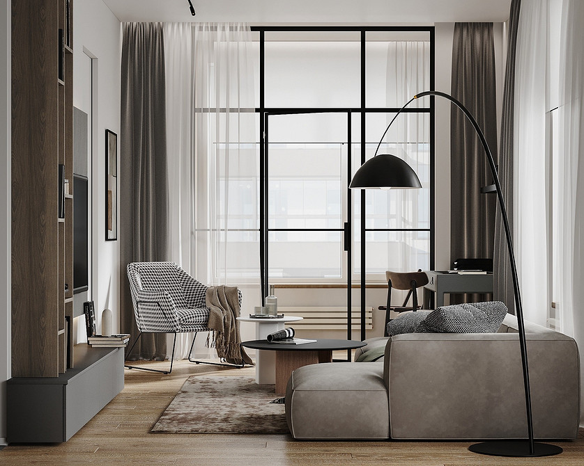 Szara faktura Szare meble z aksamitnym obiciem w nowoczesnym salonie: połączenie faktur i kolorów.