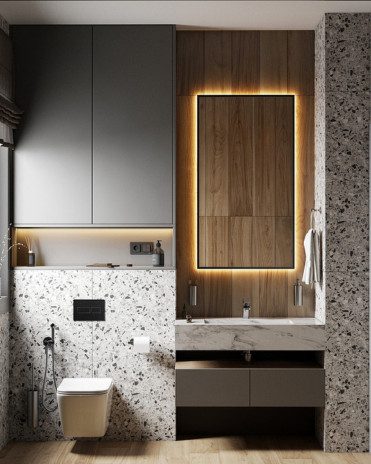 Szara szafka łazienkowa Szara szafka z umywalką w nowoczesnej aranżacji łazienki.