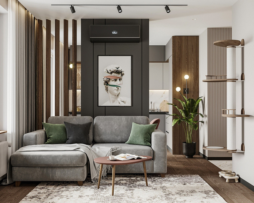 Sofa w szarościach Szara sofa w małym salonie: inspiracje na aranżację wnętrz w stylu minimalistycznym.