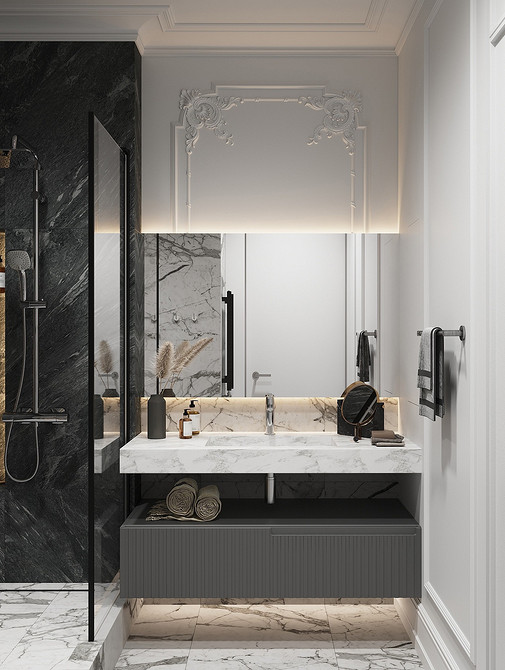 Szara nowoczesność łazienki Nowoczesna łazienka w szarościach: płytki, meble i stylowe dodatki.