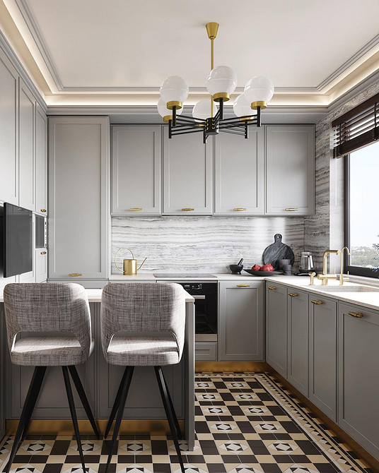 Nowoczesna szarość Szara sofa z aksamitnym obiciem w nowoczesnym salonie. Styl minimalistyczny 2026.