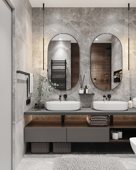 Szarość i drewno Łazienka z szarymi meblami i drewnianymi akcentami - naturalne połączenie.