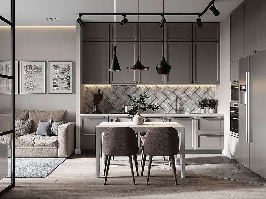 Skandynawski minimalizm Minimalistyczny salon z szarą sofą i akcentami w stylu skandynawskim.