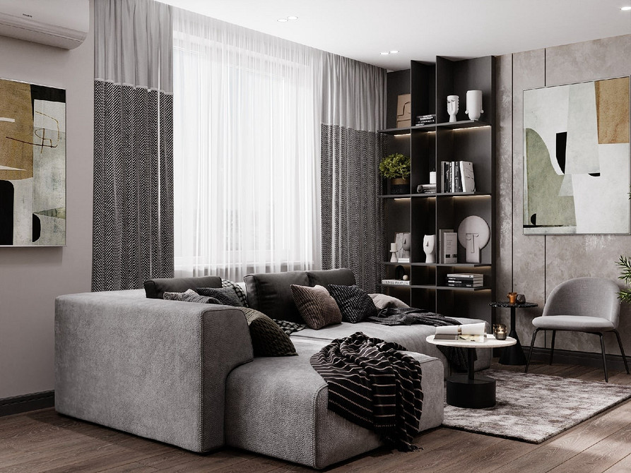 Aksamitna elegancja Elegancki szary narożnik z aksamitnym obiciem w nowoczesnym wnętrzu. Trend na 2026.