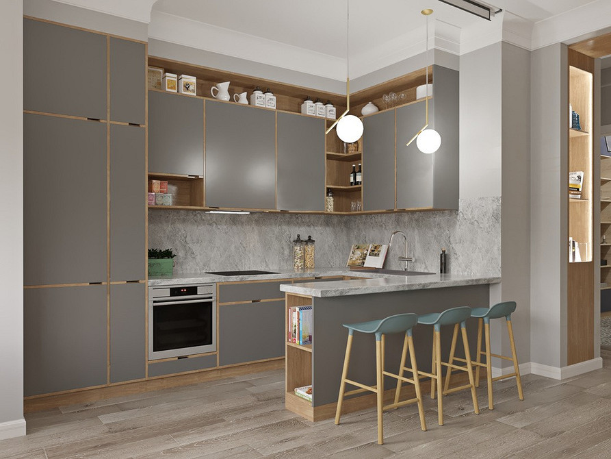 Minimalizm i szarość Aranżacja małego mieszkania w stylu minimalistycznym z szarymi meblami i akcentami kolorystycznymi.