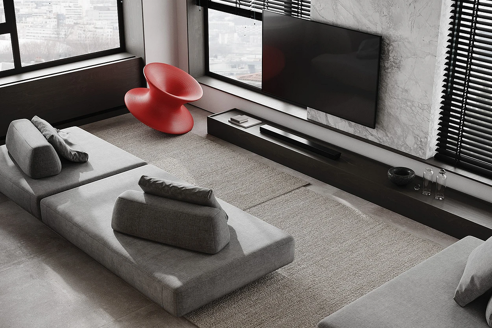 Welur i minimalizm Szara sofa z welurową tapicerką w minimalistycznym wnętrzu 2026 roku, idealna do małego mieszkania