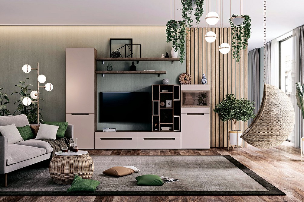 Integracja i światło Wbudowana szafka RTV wokół telewizora w salonie z miękkim oświetleniem.