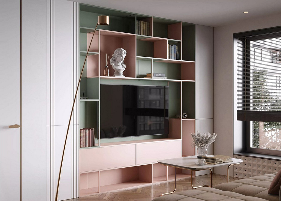 Kominek i TV Szafka RTV z kominkiem w przytulnym salonie w klasycznym stylu. Ciepło domowego ogniska.