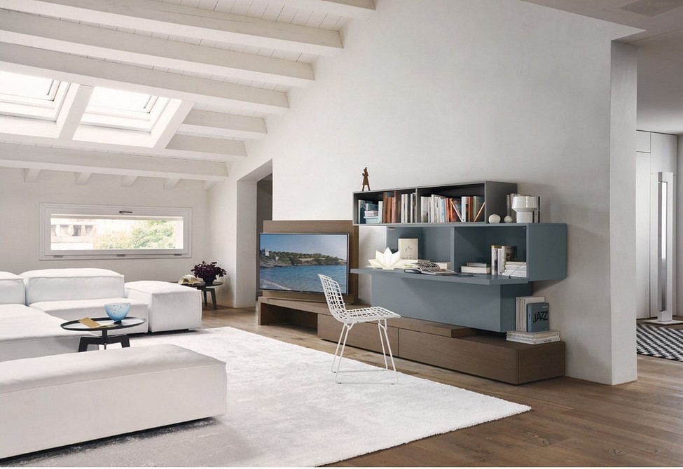 Podświetlona nowoczesność Nowoczesny salon z podświetlonym modułem RTV i elementami dekoracyjnymi.